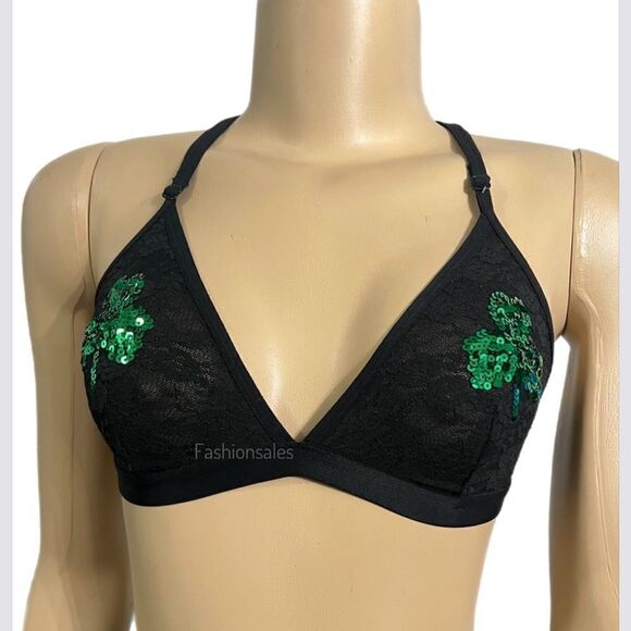 Victoria's Secret St. Patrick's Day Sequins Shamrock Triangle Lace Bralette Bra - Picture 7 of 7